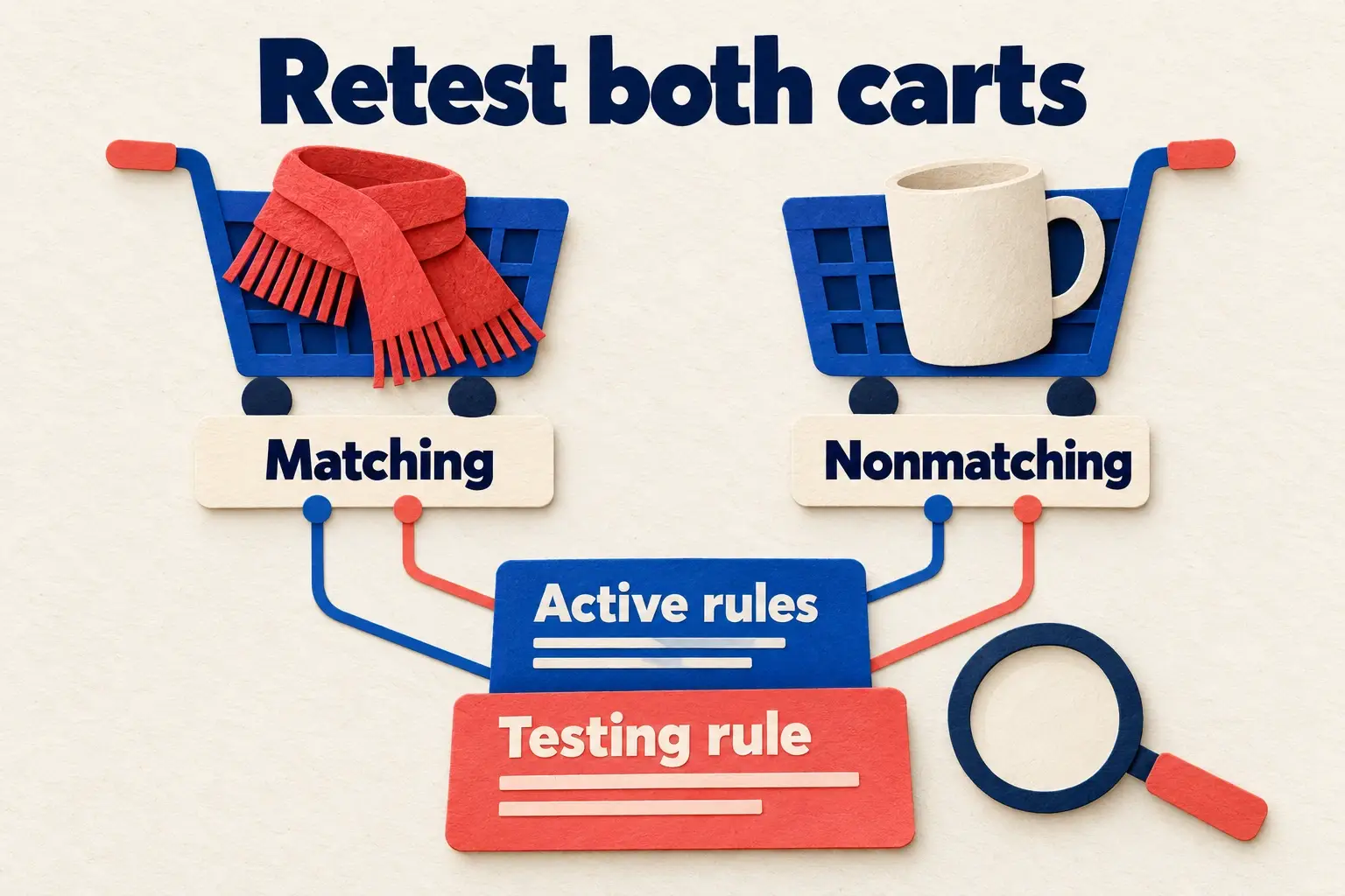 Illustrated carts that match or do not match the proposed rule, both checked with Active and Testing rule effects.