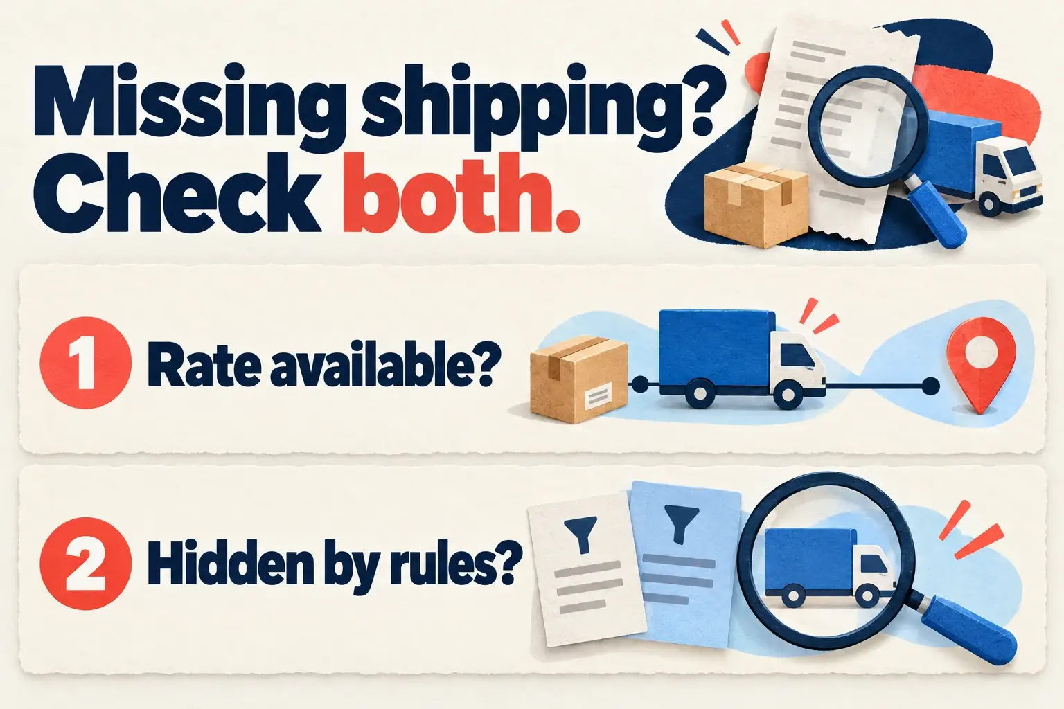 Two checks for missing shipping: whether a rate exists for the cart and address, and whether checkout rules hide it.