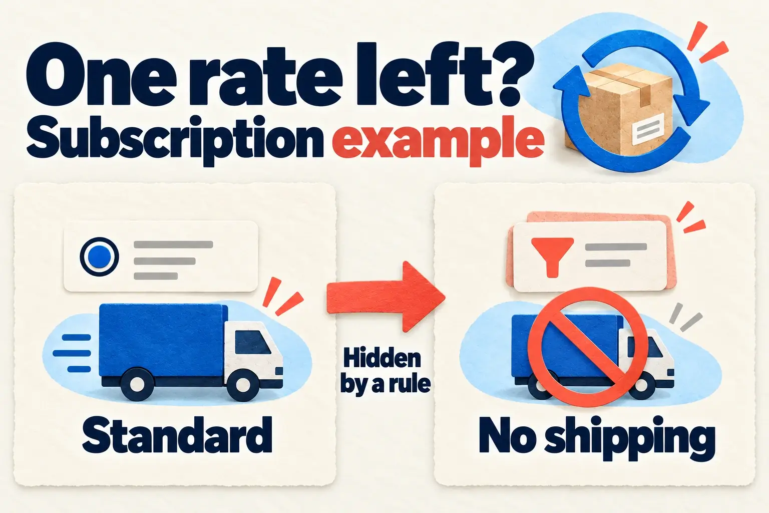 Hypothetical subscription example: a checkout rule hides Standard, the only available shipping rate, leaving no shipping option.