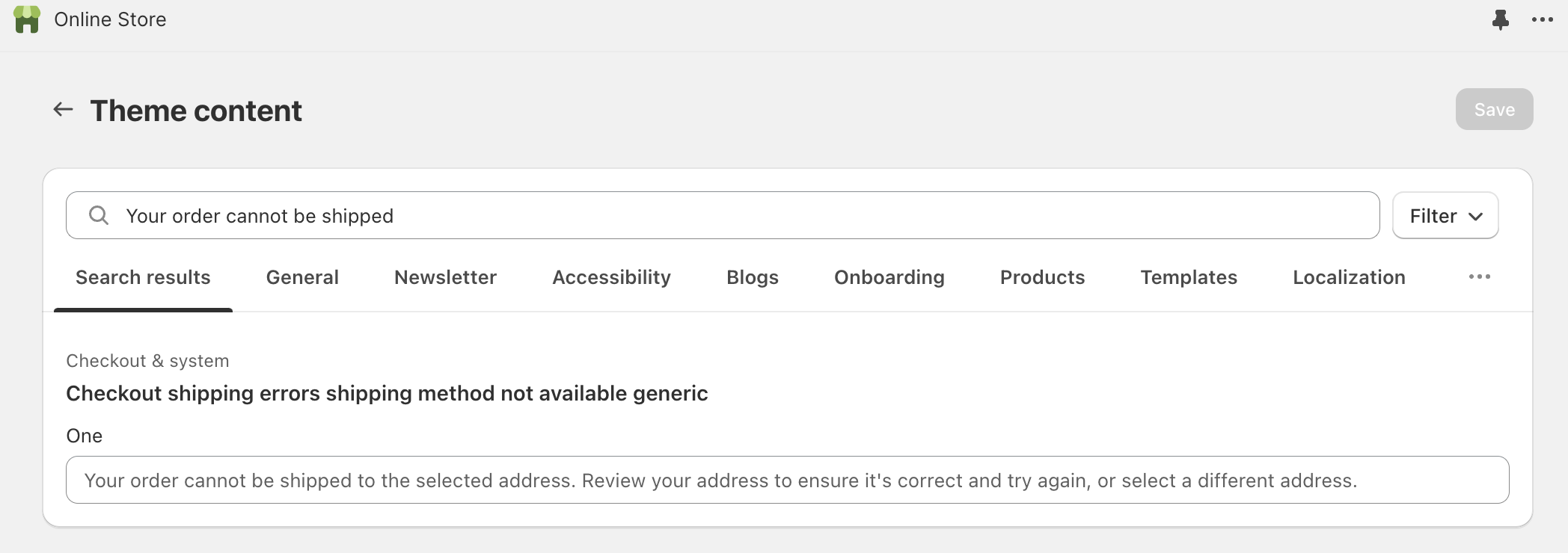 Screenshot showing checkout error message customization in theme editor
